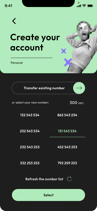 Create your account — number selection
